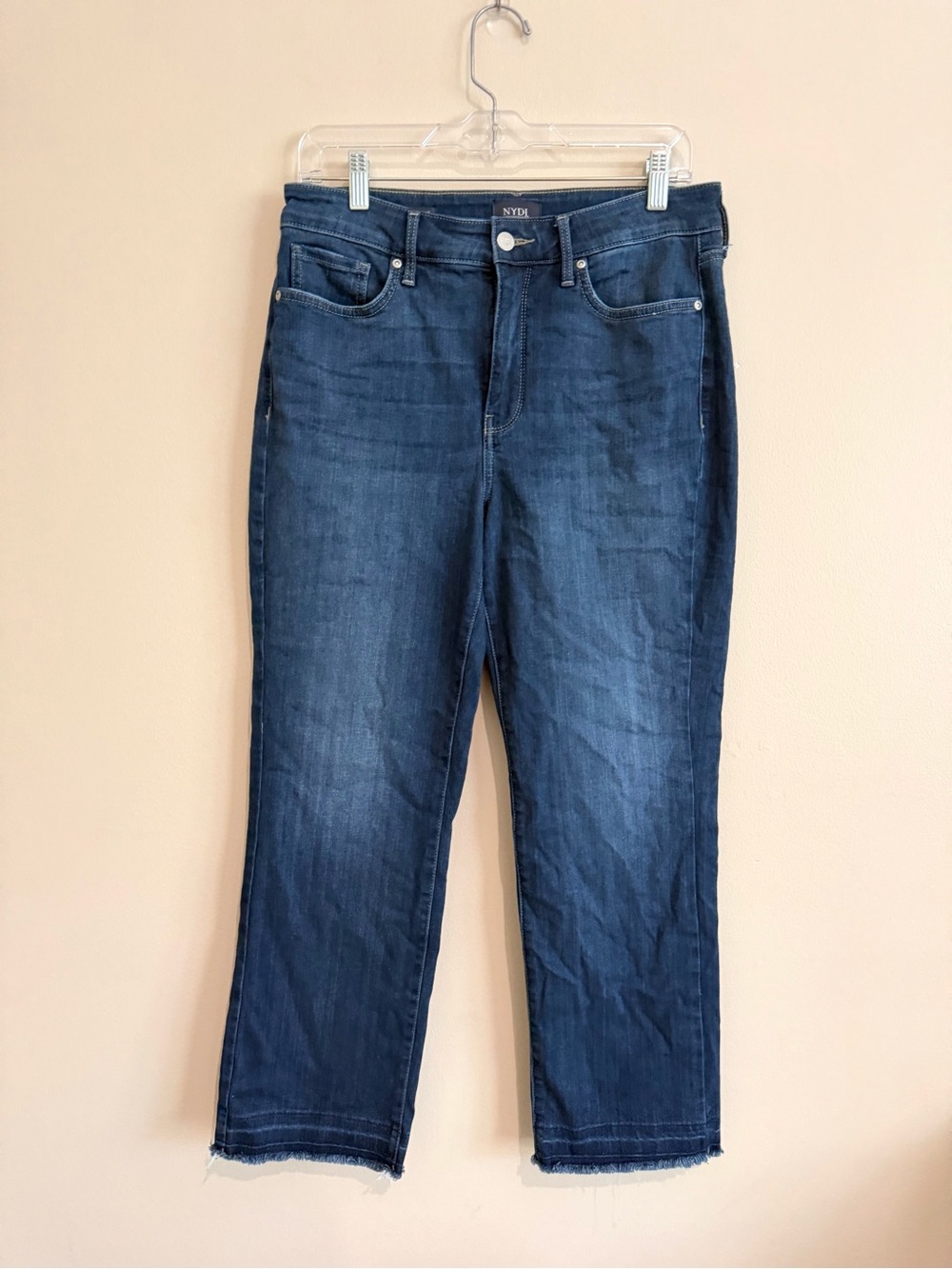 NYDJ Marilyn Straight Jeans Blue Sure Stretch Lift Tuck Denim Raw Hem Size 10